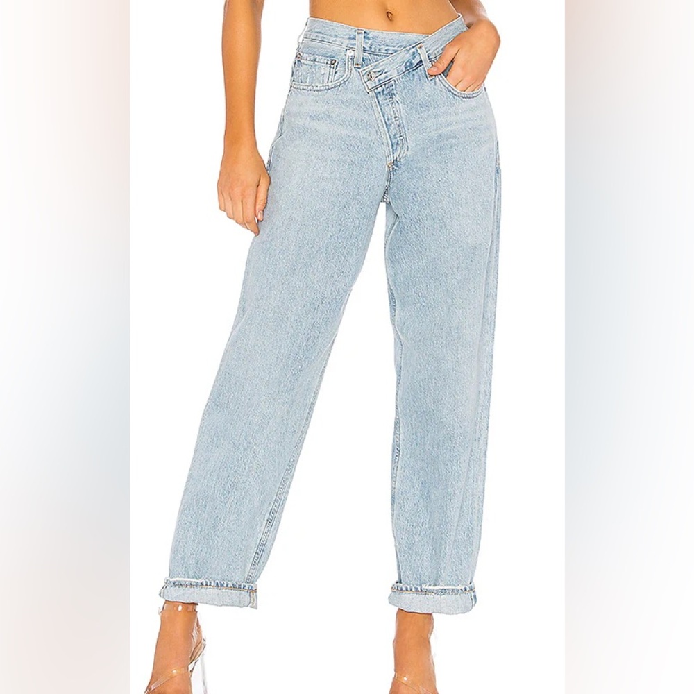 AGOLDE Women's criss cross Straight Leg Jeans in Light Wash Blue